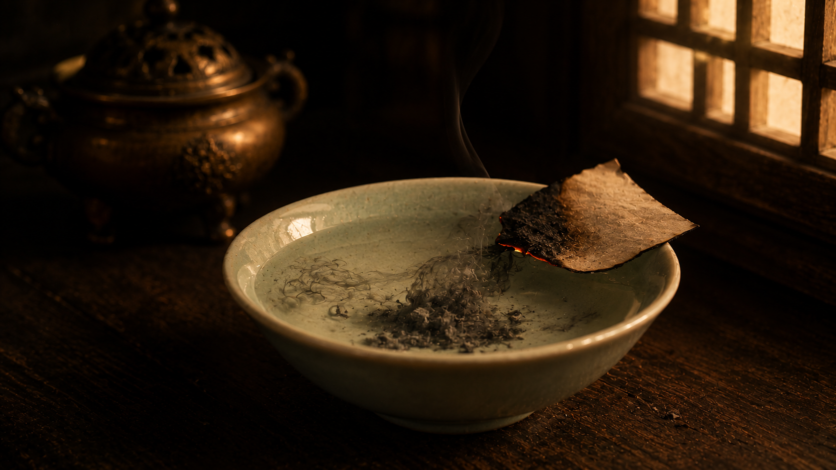 A shallow bowl of water with the ash of burned paper dissolving through it, one charred edge still glowing.