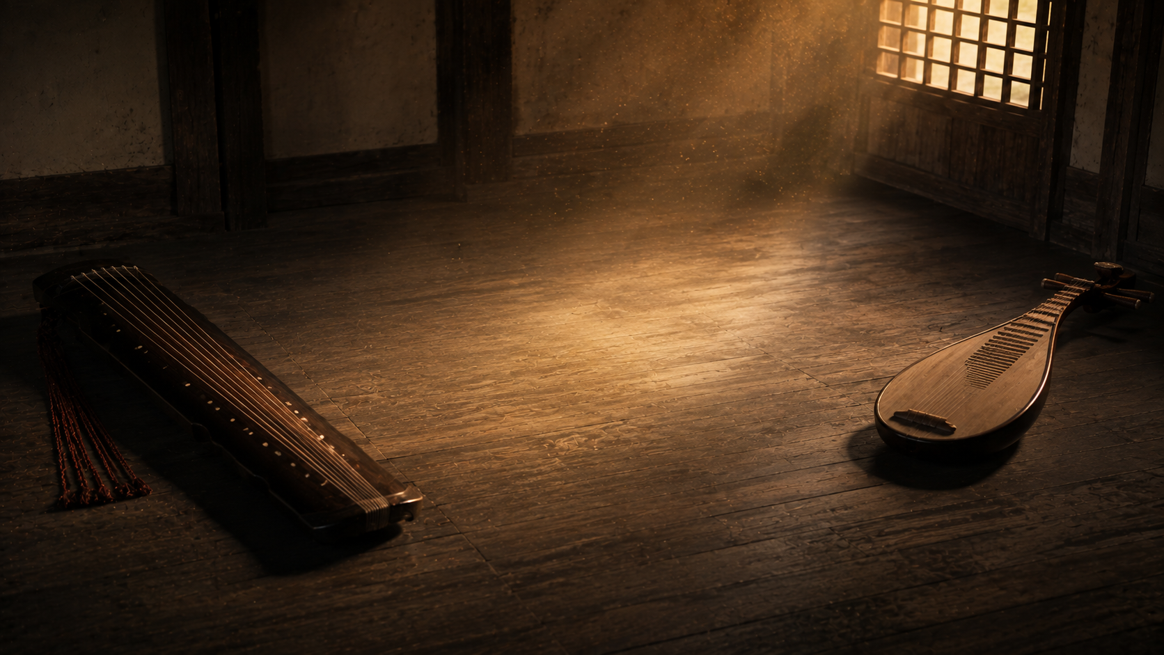 Two old stringed instruments on the floor of an empty room, apart from each other, nothing between them but dust and light.