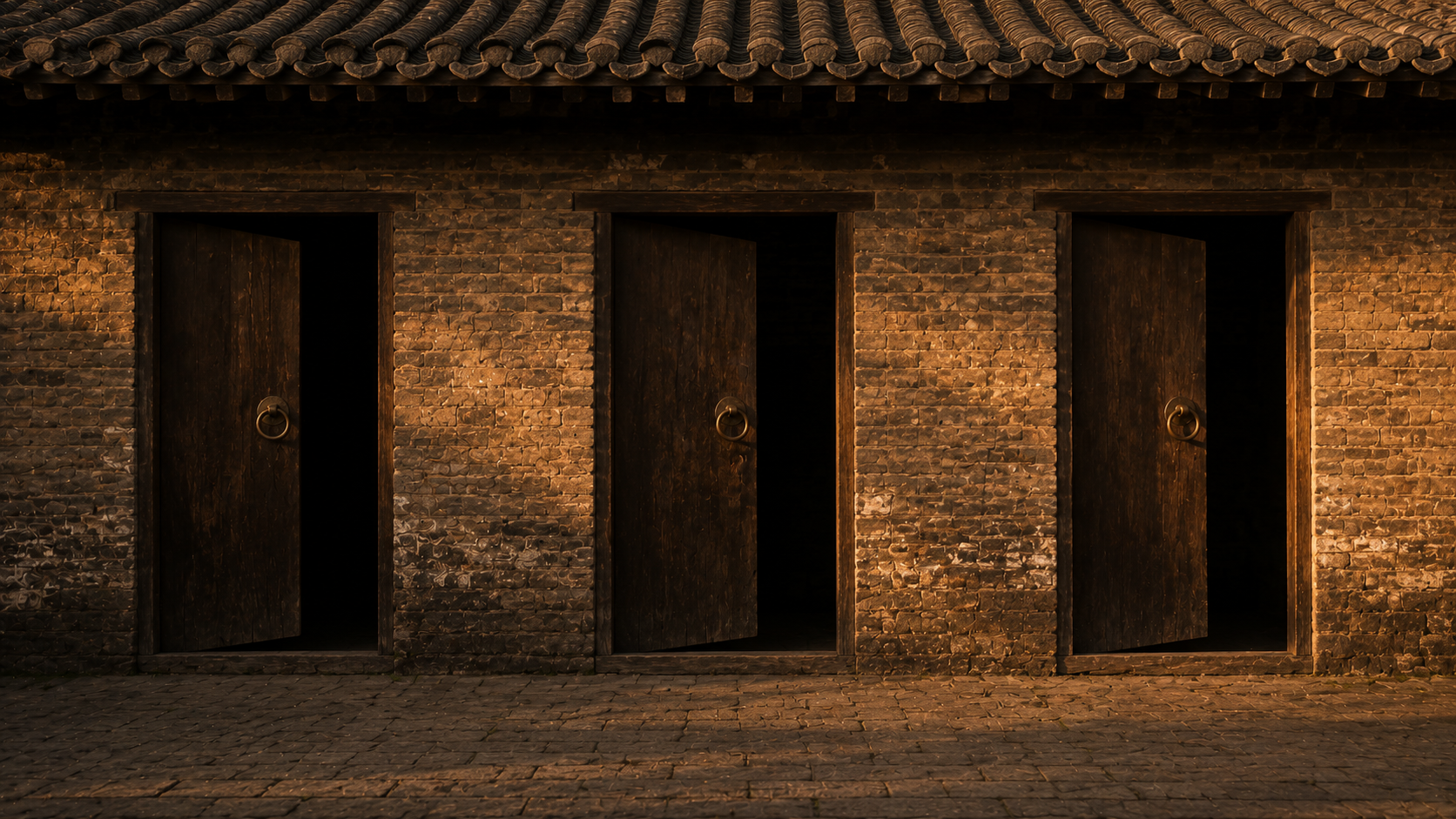 Three dark timber doors in an old brick wall, all three standing ajar onto darkness.