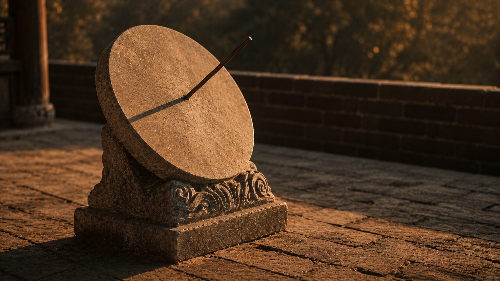 A Chinese equatorial sundial on a brick terrace, its shadow across the tilted disc.
