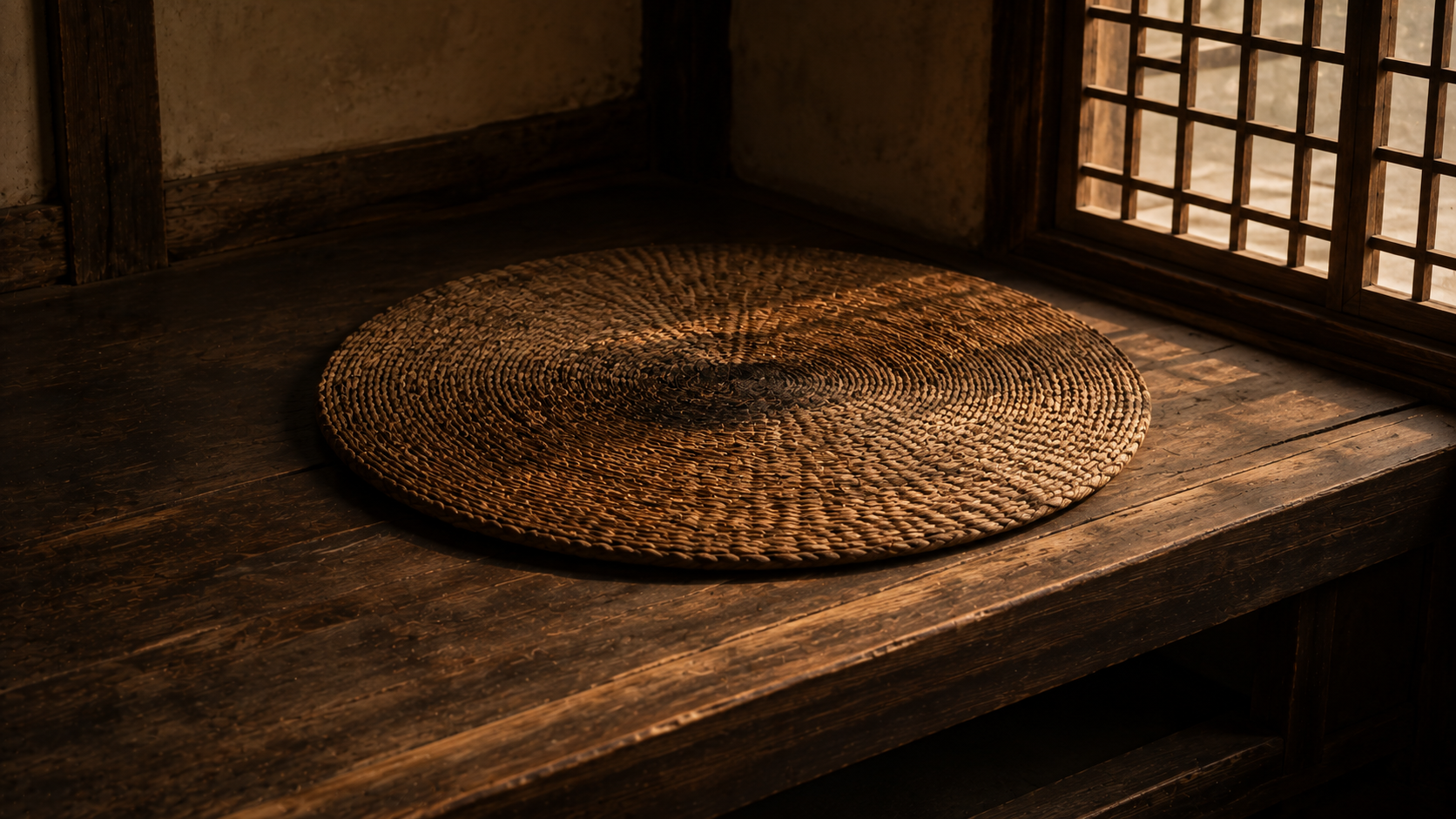A worn woven rush mat alone on a low platform in an empty room, nobody there.